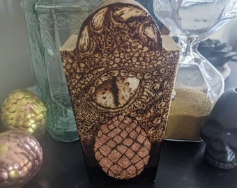 Dragon's Egg Bronze, Pyrography on Wood with Gold Foil Highlights, Coffin Wooden Box with Latch, Polycrylic Gloss Finish