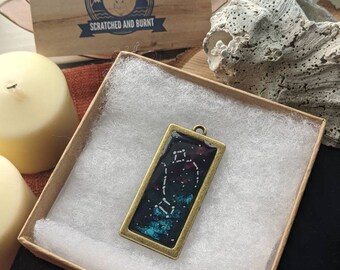 Big and Little Dipper Constellations, Galaxy Styled, Metal Necklace, Resin Cast with Acrylic, Metal Rectangle Base, Gold