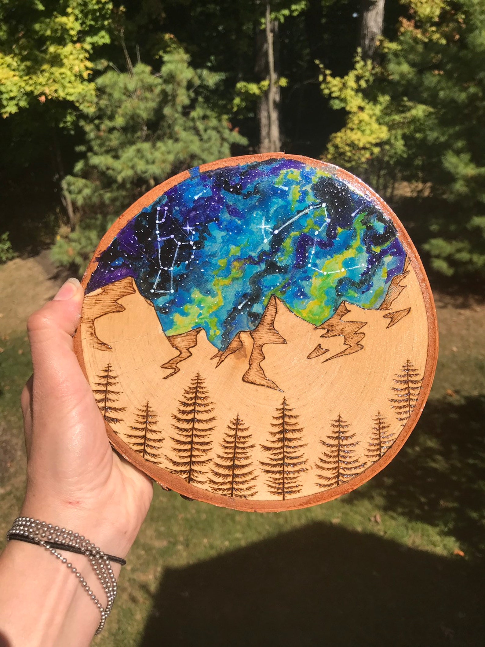 Trees Mountains With Galaxy Stars Desk Art Pyrography and | Etsy