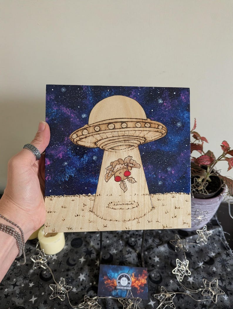 Alien Abduction, Moth Man! Pyrography With Acrylics, Desk/wall Art - Etsy