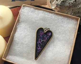 Galaxy Styled, Metal Necklace, Resin Cast with Acrylic, Metal Heart Shaped Base, Gold