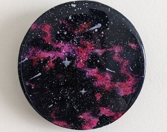Pink Galaxy Art, Acrylic on Wooden Circle Canvas, Clear Epoxy Resin Seal