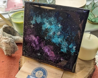 Galaxy Mini Painting, Acrylic on Canvas, Epoxy Resin Seal, Pink / Purple