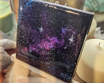 Galaxy Mini Painting, Acrylic on Canvas, Epoxy Resin Seal, Pink / Purple
