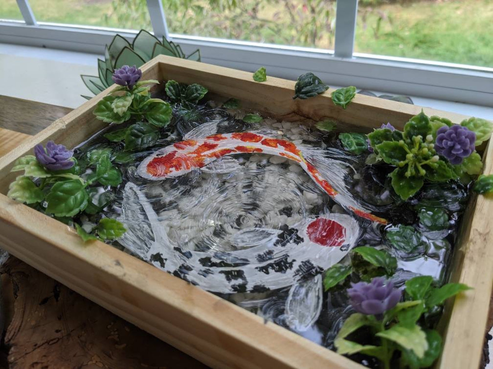 Resin Koi Pond 2 Hand Painted Koi Fish Wooden Base Found Etsy