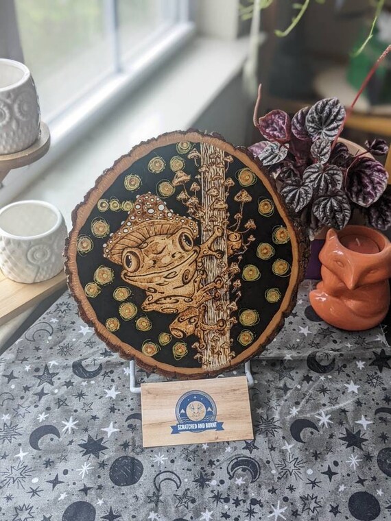 Dart Frog With a Mushroom Hat Pyrography / Gold and White - Etsy