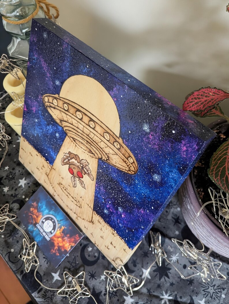 Alien Abduction, Moth Man! Pyrography With Acrylics, Desk/wall Art - Etsy