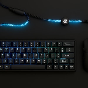 Könnte beinhalten: Ein schwarzes Gaming-Tastatur- und Maus-Set. Die Tastatur hat hintergrundbeleuchtete Tasten mit einem Regenbogenverlauf, und die Maus hat ein schlichtes Design mit einem Logo. Ein blau-schwarzes geflochtenes Kabel verbindet die Tastatur.