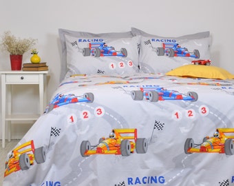 Race Car Duvet Cover Set, Twin Twin XL Full Queen, Gray Blue Yellow Red Racing Cars Print Bedding Set, Duvet Cover & Pillowcases