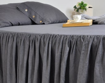 Dark Gray Linen Bed Skirt, Custom Dust Ruffle, King, Full, Queen Dust Ruffle, Ruffled Linen Bedskirt, Charcoal Grey Bedskirt, Linen Bedding