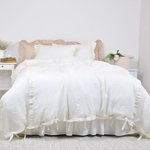 Ruffle Linen Duvet Cover in Full Queen King Cream Ecru off Etsy