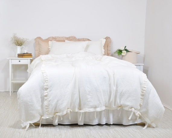 Ruffle Linen Duvet Cover In Full Queen King Cream Ecru Off Etsy