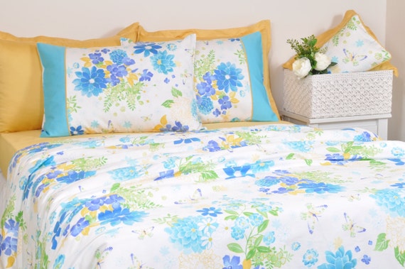 Ocean Blue Floral Duvet Cover Set In Full Queen King Size Etsy