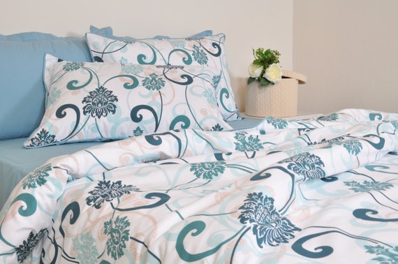 Damask Duvet Cover Set In Mint Green Teal Blue For Full Queen Etsy