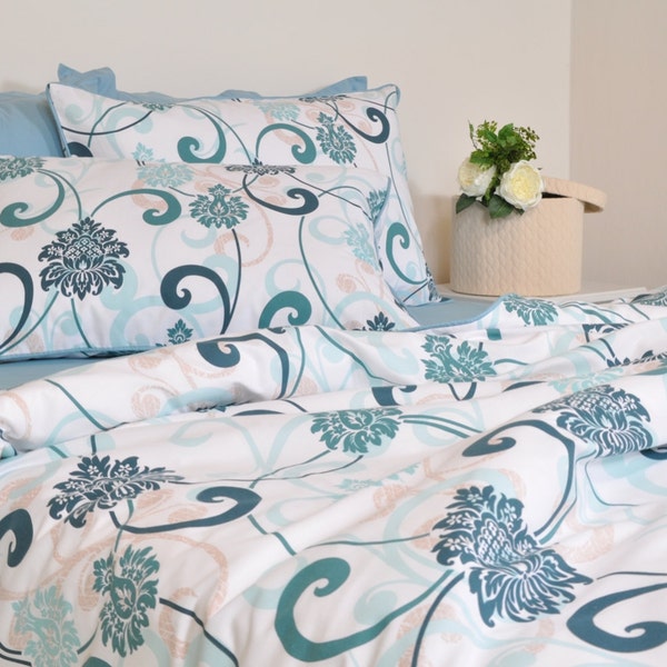 Damask Duvet Cover Set in Mint Green Teal Blue for Full Queen King Size, Damask & Swirls Print Cotton Bedding, Moroccan Style, Boho Bedding