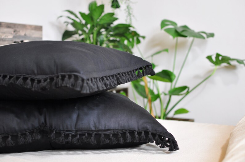 Boho Tassel Pillowcase Bohemian Pillow Black Tassel Pillow Etsy