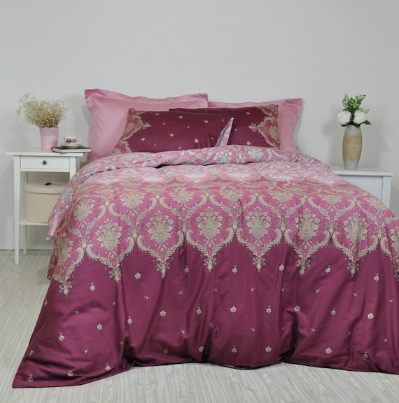 Damask Bedding In Dusty Pink Maroon Marsala For Full Queen Etsy