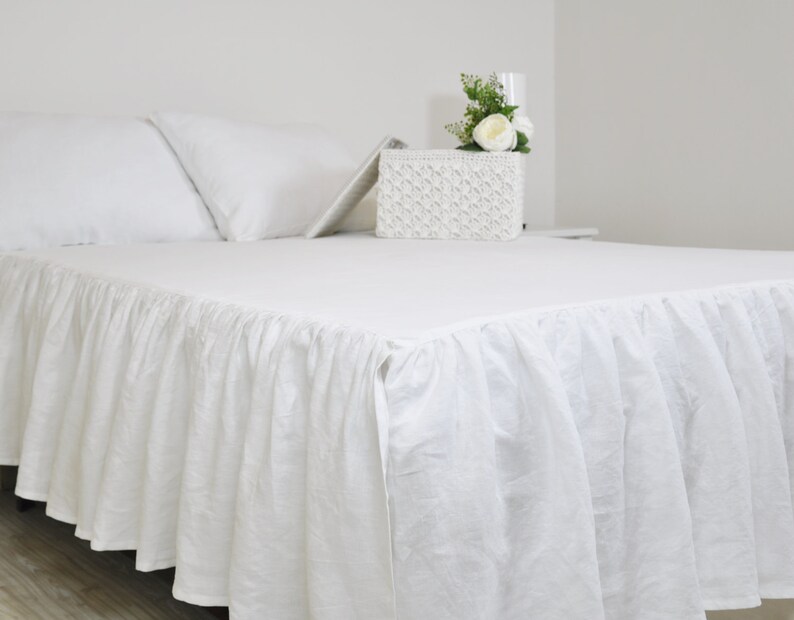 White Linen Bed Skirt Custom Dust Ruffle Queen King Full - Etsy