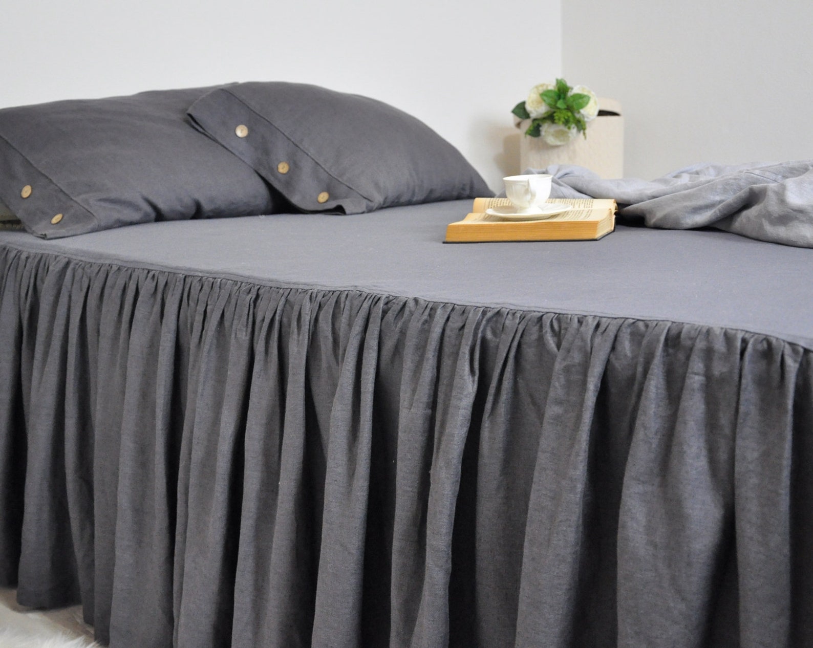 Dark Gray Linen Bed Skirt Custom Dust Ruffle King Full Etsy