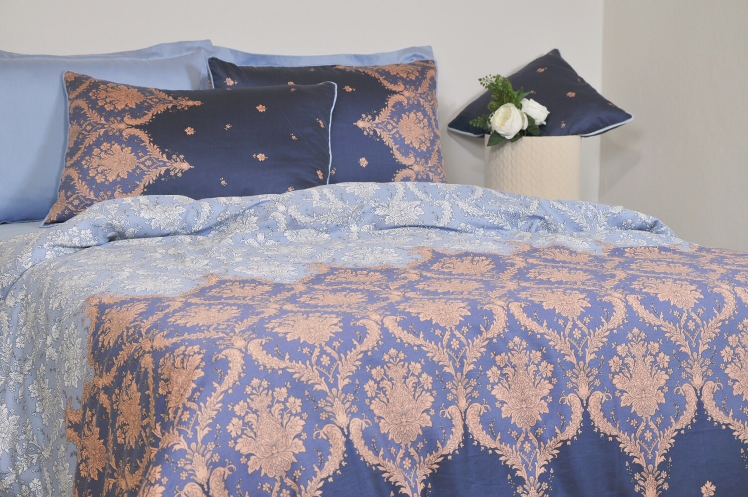 Navy Baby Blue Damask Bedding Set in Full Queen King Damask Etsy