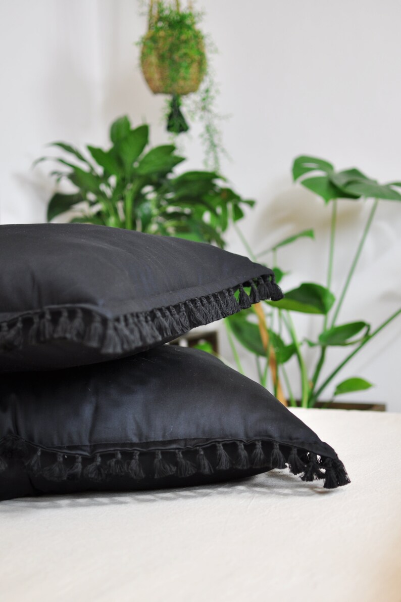 Boho Tassel Pillowcase Bohemian Pillow Black Tassel Pillow Etsy