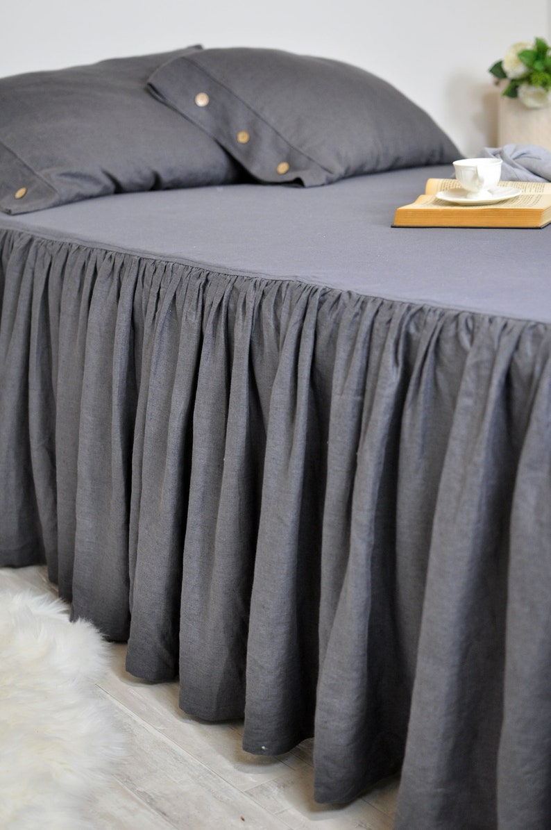 Dark Gray Linen Bed Skirt Custom Dust Ruffle King Full Etsy