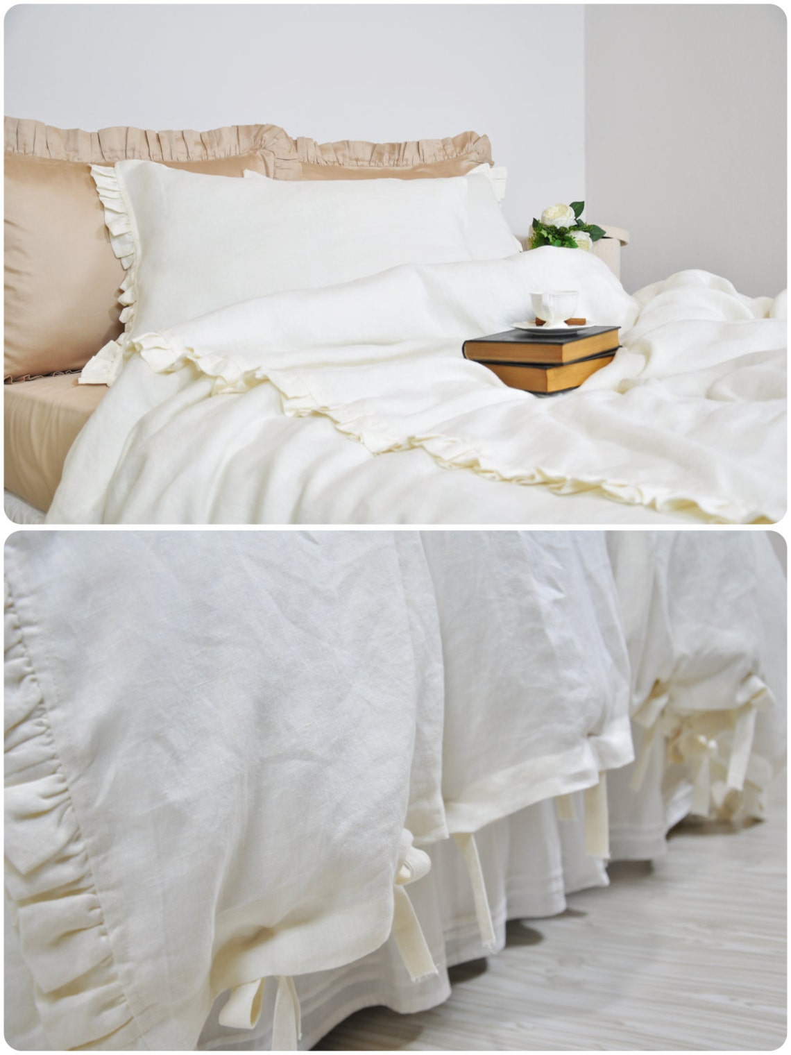 Ruffle Linen Duvet Cover in Full Queen King Cream Ecru off Etsy