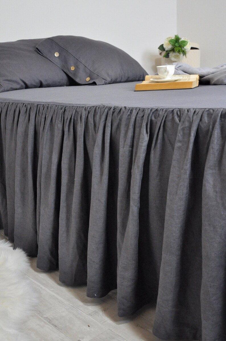 Dark Gray Linen Bed Skirt Custom Dust Ruffle King Full Etsy