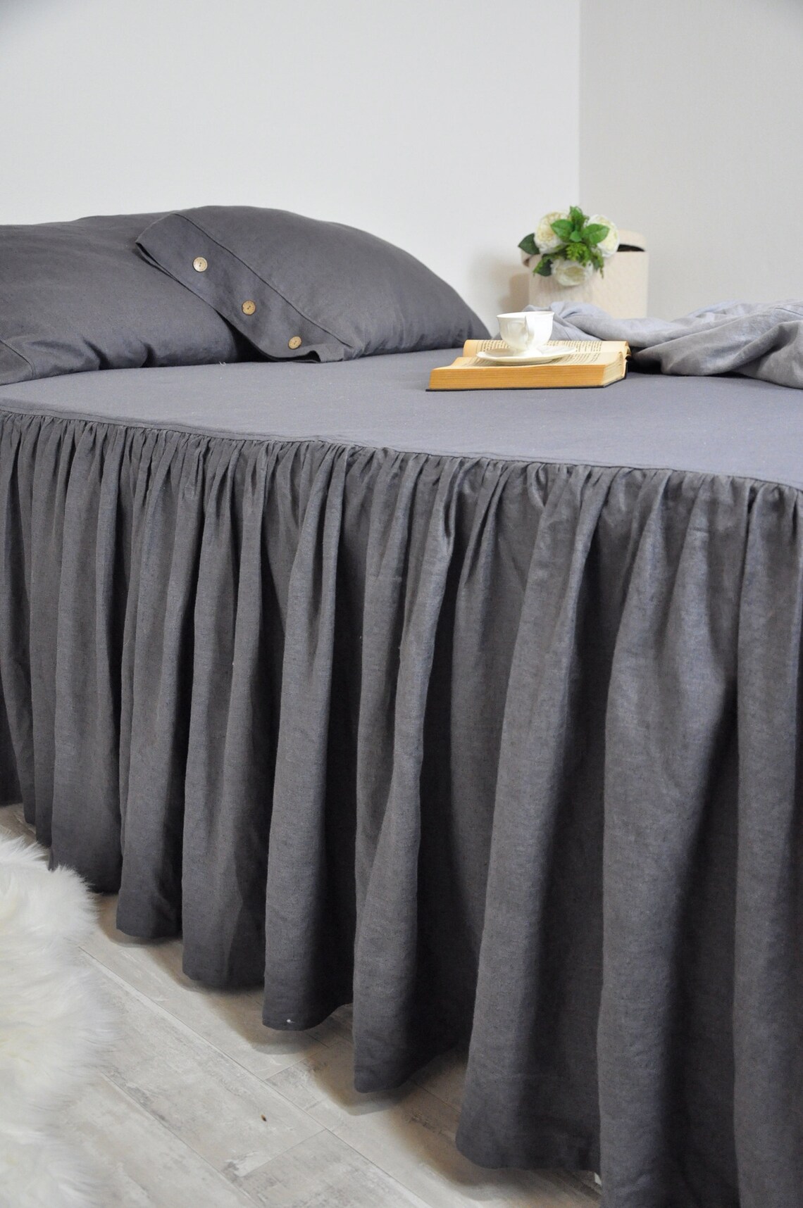 Dark Gray Linen Bed Skirt Custom Dust Ruffle King Full Etsy