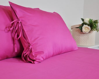 Custom Sheet Set For Full Queen King, Fitted and Flat Sheet with Pillowcases, Silky Soft Cotton Sateen Bed Sheets, Fuchsia & 18 Plain Color