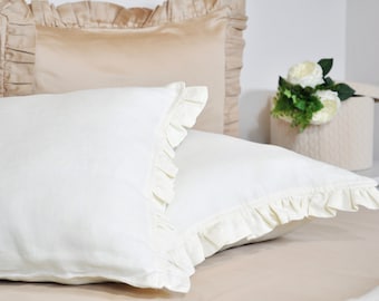 Linen Ruffle Pillowcase, Ruffled Pillow, Natural Pure 100% Linen Pillow Sham Cover, Standart Queen King Euro Size, Farmhouse Decor