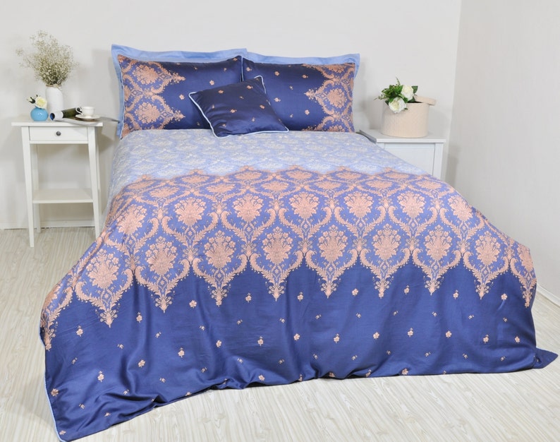 Navy Baby Blue Damask Bedding Set In Full Queen King Print Cotton Sateen Moroccan Style Boho 6 Pc Duvet Cover Sheet