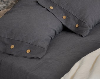Linen Pillowcase with Button, 100% Linen Pillow Sham, Natural Flax Linen Pillow Sham, Dark Gray Pillowcase, Body Pillow Cover, Linen Bedding