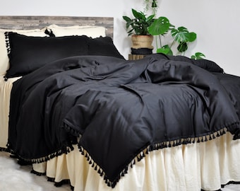 Ropa de cama con borlas, Juego de funda nórdica boho, Ropa de cama boho, Edredón, Ropa de cama negra, Funda de edredón, Ropa de cama tamaño queen, Regalo de inauguración de la casa, Edredón completo