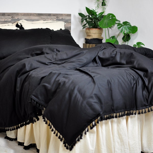 Tassel Bedding, Boho Duvet Cover Set, Bohemian Bedding, Comforter, Black Bedding, Quilt Cover, Queen Bedding, Housewarming Gift, Full Duvet