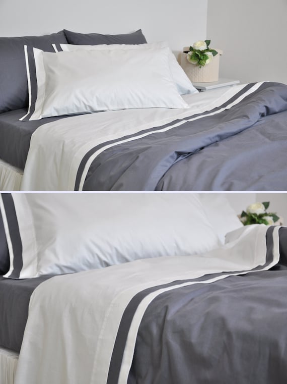 Bordered off White Sheet Set Full Queen King Flat Sheet With Smoky