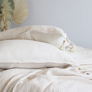Gauze Muslin Pillowcase, Tassel Pillow case, Muslin Pillow, Gauze Muslin Bedding, Boho Pillow Cover, Cotton Pillow Sham, Bohemian Decor