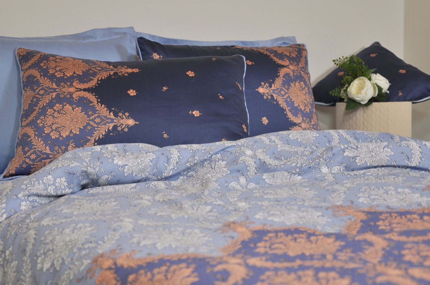 Navy Baby Blue Damask Bedding Set in Full Queen King Damask Etsy