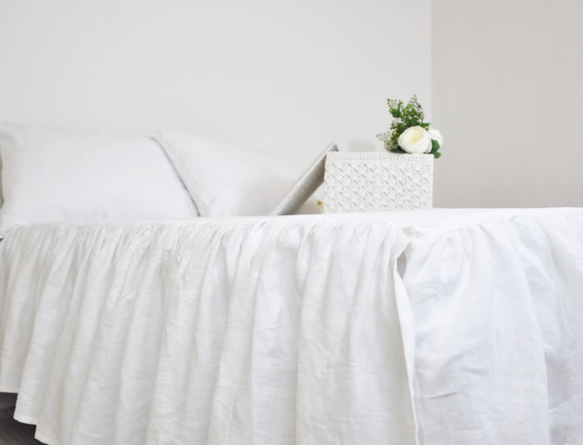 White Linen Bed Skirt Custom Dust Ruffle Queen King Full Etsy