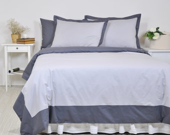 Bordered Bedding Set Full Queen King - Two Tone Charcoal Smoky Gray & Light Grey Cotton Border Duvet Cover, Flange Pillowcases and Sheet Set