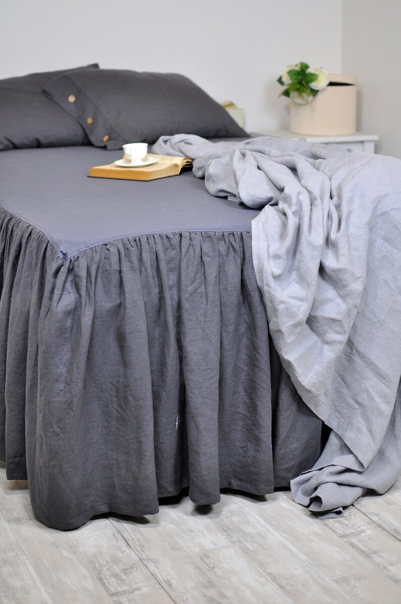 Dark Gray Linen Bed Skirt Custom Dust Ruffle King Full Etsy