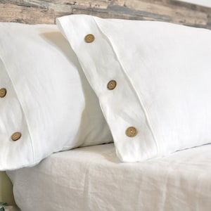 White Linen Pillowcase with Button, Linen Bedding, Flax Linen Euro Sham, Body Pillow Cover, King Size Pillowcase, Queen Pillow Shams
