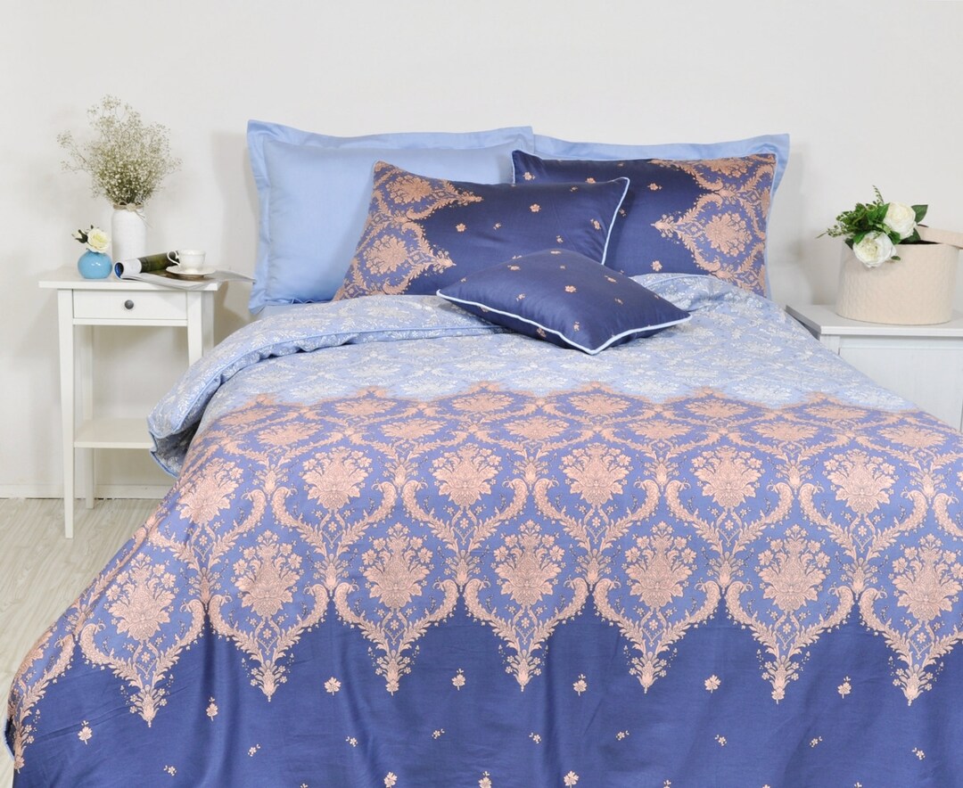 Damask Duvet Cover Set Blue Damask Bedding Navy Duvet Cover Etsy