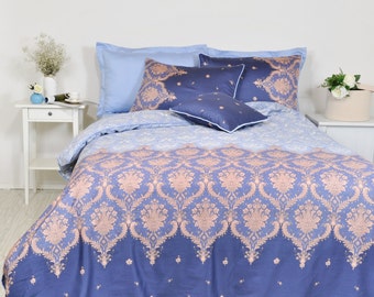 Damask Duvet Cover Set, Blue Damask Bedding, Navy Duvet Cover, Cotton Satin Duvet Cover, Damask Bed Linen, Moroccan Duvet, Boho Bedding