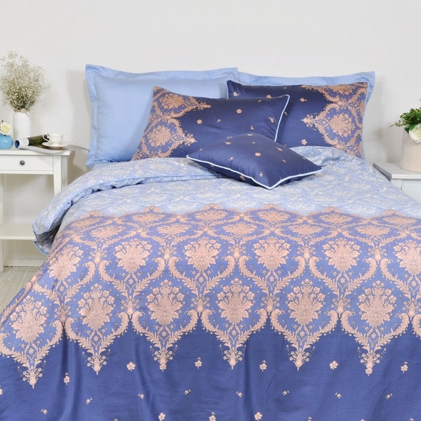 Damask Dorm Duvet Cover Set in Navy, Baby Blue, Single Twin Twin Xl, Cotton Sateen, Moroccan Style, Boho Bedding, For Dorm Room