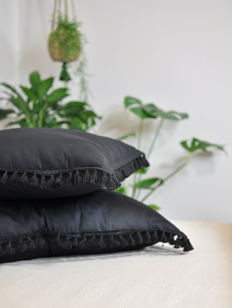 Boho Tassel Pillowcase Bohemian Pillow Black Tassel Pillow Etsy
