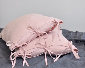 Pink Linen Pillowcase with Ties, 100% Linen Pillow Sham, Natural Flax Linen Pillow Sham Cover, Pink Pillowcases with Bow, Custom Size Pillow