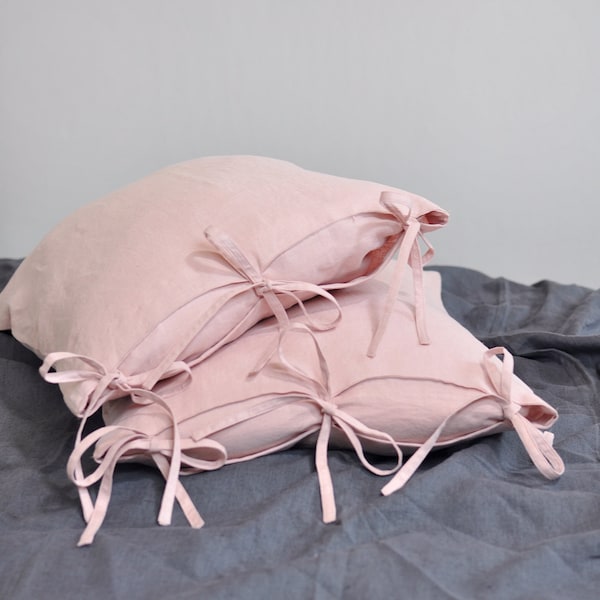 Pink Linen Pillowcase with Ties, 100% Linen Pillow Sham, Natural Flax Linen Pillow Sham Cover, Pink Pillowcases with Bow, Custom Size Pillow