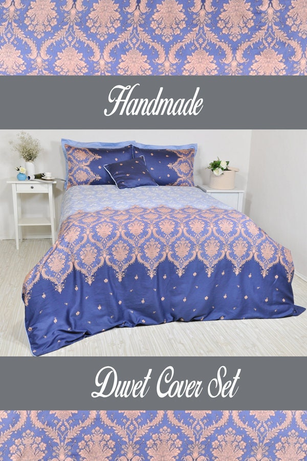 Navy, Baby Blue Damask Bedding Set in Full Queen King, Damask Print Cotton  Sateen Moroccan Style, Boho Bedding, 6 Pc Duvet Cover & Sheet Set 