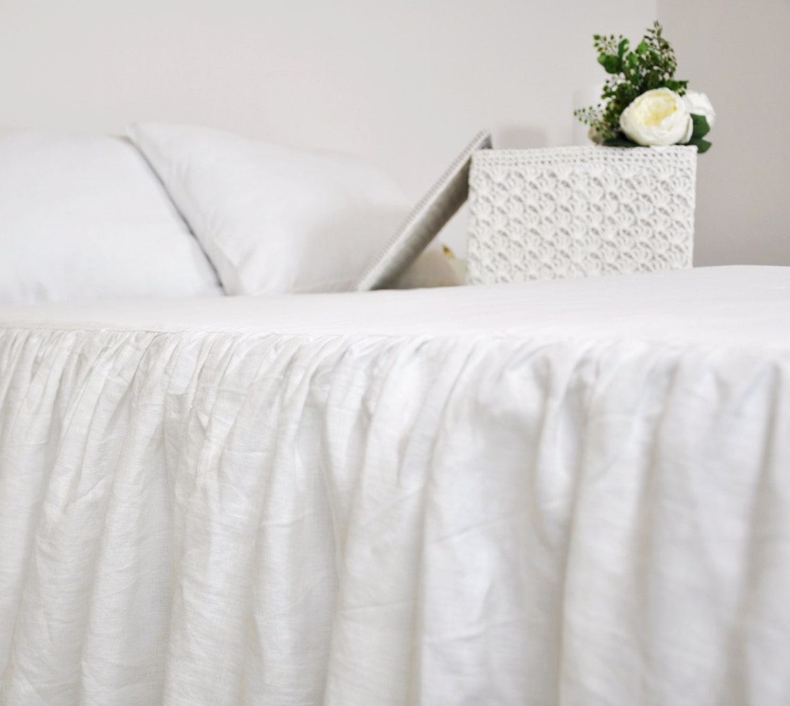 White Linen Bed Skirt Custom Dust Ruffle Queen King Full Etsy